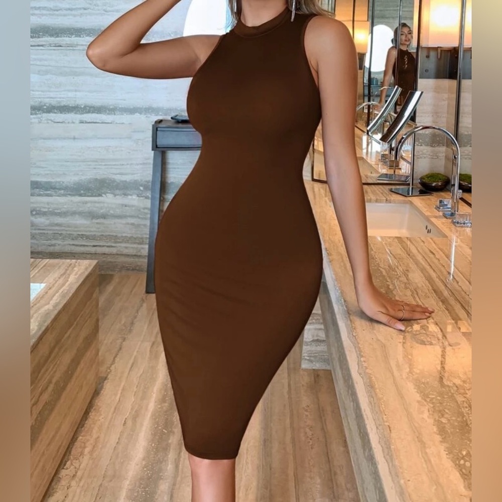 NWOT SHEIN Brown Mock Neck Midi Bodycon Dress